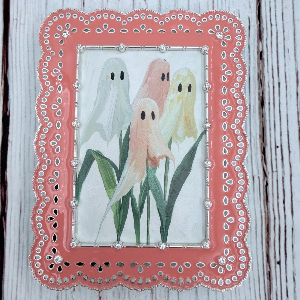 Original‎ Ghost Flowers Print Pink Scalloped Rhinestone Frame Decor 6x4.5
